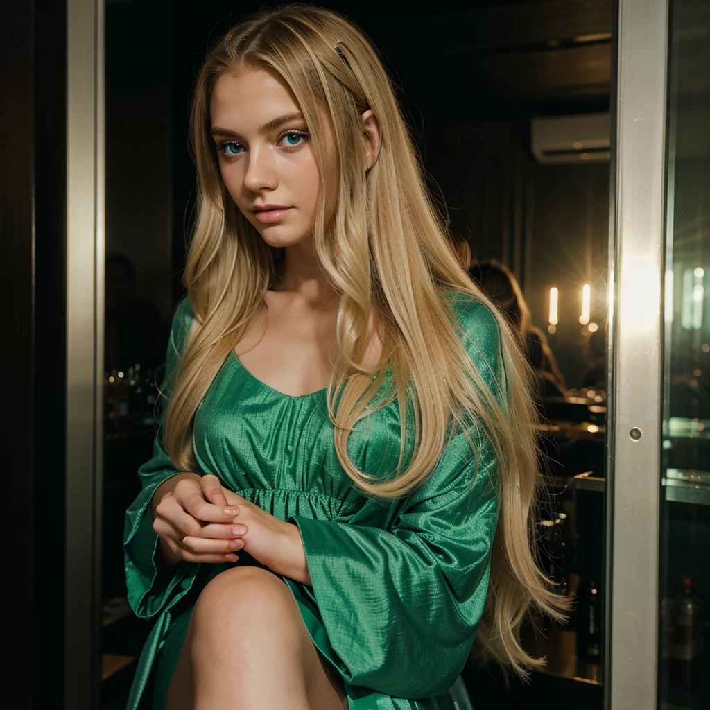 long hair, blonde, 20 year old, blue eyes, delicate face, fashionable, club, night, hot green dress