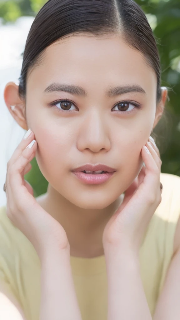 (((Ultra-high resolution、close、Cute Japanese Woman)))、顔のUltra-high resolutionクローズアップ画像を作成してください。 Long, straight black hair frames her face。 So that every single hair is clearly visible、Depicts subtle color changes depending on the amount of light hitting the subject。 The skin is white and smooth、Has a natural glow。 Fine skin texture、Representing the fine details of pores。 amountや頬に薄い赤みがある部分を詳細に。 The eyes are almond-shaped and dark brown.。 Fine details of the iris、Depicts color gradations and patterns。 Long, natural-looking eyelashes, each and every one visible。 Well-groomed eyebrows、indivual々The hair is clearly visible。 Light reflects off into the eyes、Create small highlights。 noseは繊細で、nose孔の細かいディテールがある。 Lips are plump and naturally pink。 Depicts the fine lines and soft curves of the lips。 Shiny、Accentuate the shape。 Detailed depiction of lip texture。 Particular attention to the depiction of light and shadow。 Soft natural light gently illuminates the face from the front。 amount、nose、Creates a subtle glow on the cheeks。 Shadows are cast softly along the contours of the face、cheekbone、Jaw Curve、noseの側面を強調。 The gloss of her lips reflects the light faintly.、Emphasizes plump texture。 The shadow of the hair adds depth and dimension.、indivual々The hair shines in the light。 The background is simple and blurred.、Focus on the face。 In the highest quality、Representing the utmost detail。 Negative prompts: Noisy Images、Low resolution、Avoid blurry details。 My hair is messy、Avoid unnatural hair textures。 Skin is unnaturally smooth、Avoid overly processed skin images。 Pores are invisible、Avoid products that have lost their skin texture。 Flat iris、Avoid those that lack detailed information。 short lashes、Avoid unnaturally thin eyebrows。 Light reflects off into the eyesていない、Avoid those with expressionless eyes。 noseのディテールが欠けているものは避ける。 Dry lips、Avoid unnatural colors。 Lip texture is not visible、Avoid non-shiny items。 Poor balance of light and shadow、Avoid evenly lit faces。 amount、nose、Avoid products that don't have a glow on your cheeks.。 cheekboneやJaw Curveが強調されていないものは避ける。 The shadow of the hair is shallow、Avoid things that lack volume。 The background is complicated、Avoid images where the face is not in focus。