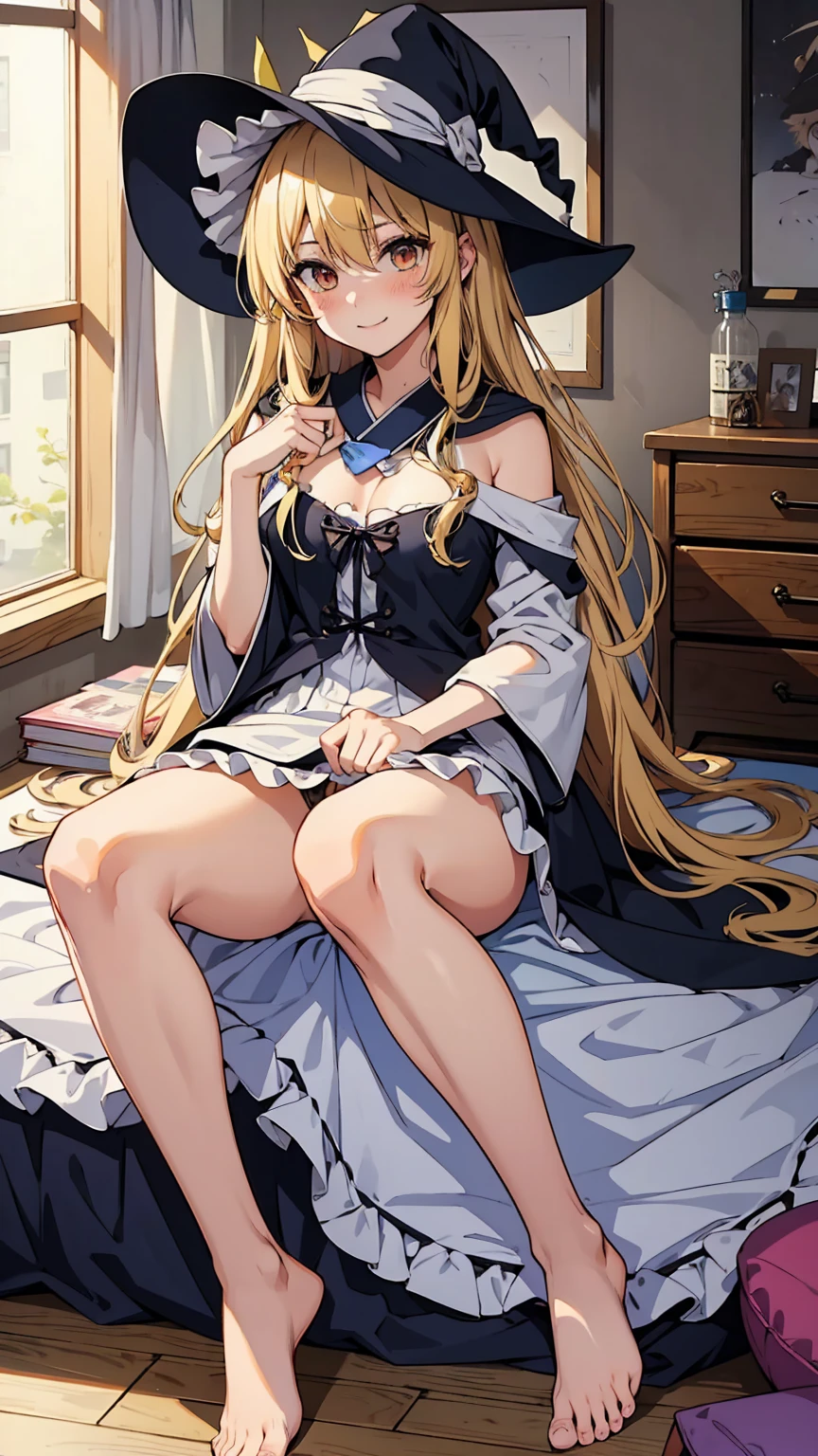 Marisa Kirisame、Messy room、Cute Woman、Blonde、Wizard、Marisa&#39;s Hat、Very thick thighs、Grinning、smile、Sloppy body、Best image quality、High resolution、masterpiece、super high quality、Thick pubic hair、Orgasm Facial、Stripes々Panties、Stripes々bra、Very big ass、Very large breasts  、Blushing、4K quality、Blushing、Spread your legs wide、Luxurious chair、Wearing black knee socks、Sweaty all over、Heavy breathing、Shaking breasts、上下にShaking breasts、Angle from the feet