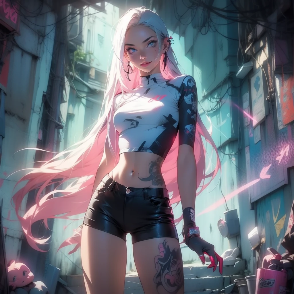 Ultra HD, anime realistic. Badass South Asian  girl with short, windblown black hair and piercing electric blue eyes. Smirking confidently, she leans against a graffiti-covered wall in a neon-lit cyberpunk alleyway. Clad in a black tactical outfit with exposed arm guards, she grips a glowing katana at her side.