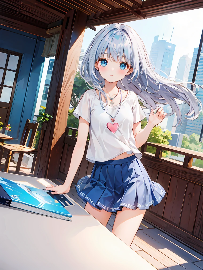 (table top, highest quality:1.2), 1 girl, alone, cute, cute, digital art、Eimei、(length, beautiful, blue hair.flowing in the wind)、T-shirt、mini skirt、Urban hustle and bustle、Arranging a date,daytime, embarrassed look, silver hair(short)、glowing skin、small-faced beauty, heart shaped necklace,low angle lens、perfect composition、Perfect light and shadow delicacy、In 8K