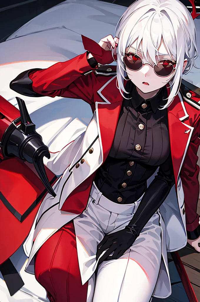 demon girl, with white hair, with sunglasses, wears a red and black suit