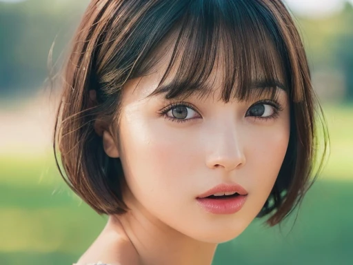 Highest quality, Realistic, 8K, High resolution, 1 Girl, woman, Nice, (Short Bob P: 1.8, Parted bangs: 1.6), View your viewers, (1 Girl's EyesViewer: 1.6), Realistic, (Bokeh), (Floating Hair , lips, Open your mouth: 1.43), Nice, Fine grain,Face close-up,Soft sunlight,Natural light