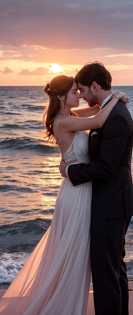 Prompt Title: The Fateful Story of Titanic. Scene 2: Romantic Moment. Setting: The bow of the Titanic at sunset, with the ship cutting through calm waters. Characters: Jack and Rose standing at the very front of the ship, arms outstretched as if flying, with Jack standing behind Rose, holding her gently. Both characters are smiling, their hair and clothes slightly tousled by the wind. Background: The sky ablaze with hues of orange, pink, and purple as the sun sets over the ocean, casting a warm glow over the scene.