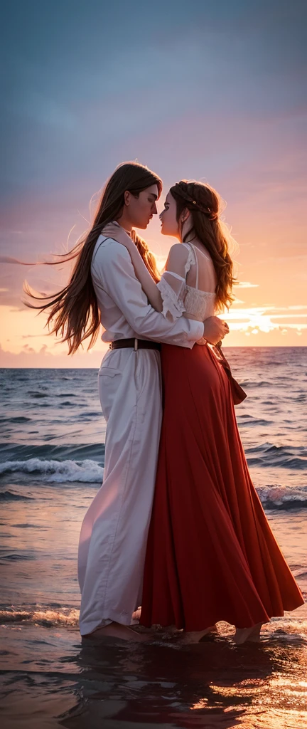 Prompt Title: The Fateful Story of Titanic. Scene 2: Romantic Moment. Setting: The bow of the Titanic at sunset, with the ship cutting through calm waters. Characters: Jack and Rose standing at the very front of the ship, arms outstretched as if flying, with Jack standing behind Rose, holding her gently. Both characters are smiling, their hair and clothes slightly tousled by the wind. Background: The sky ablaze with hues of orange, pink, and purple as the sun sets over the ocean, casting a warm glow over the scene.