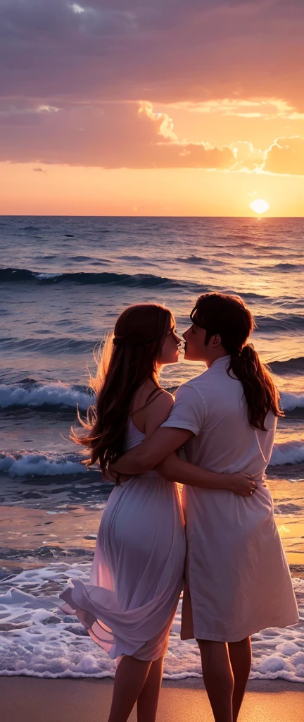 Prompt Title: The Fateful Story of Titanic. Scene 2: Romantic Moment. Setting: The bow of the Titanic at sunset, with the ship cutting through calm waters. Characters: Jack and Rose standing at the very front of the ship, arms outstretched as if flying, with Jack standing behind Rose, holding her gently. Both characters are smiling, their hair and clothes slightly tousled by the wind. Background: The sky ablaze with hues of orange, pink, and purple as the sun sets over the ocean, casting a warm glow over the scene.