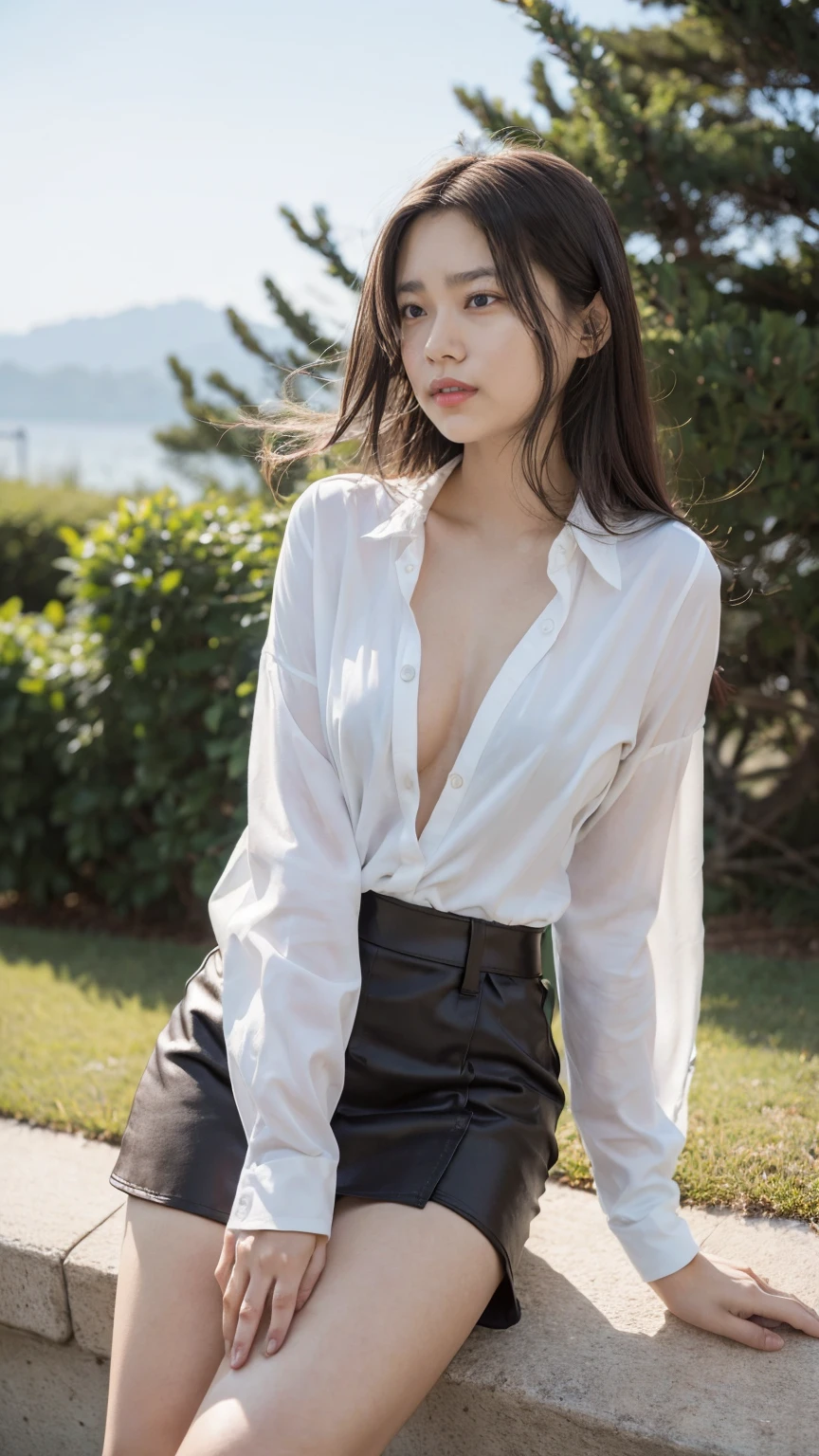 (Shooting with (Camera Canon EOS R5, Lens Canon EF 24-70mm f/2.8L II, Lighting LED Panel) ) , (4K, Realistic photos:1.5), break, (masterpiece, Highest quality), (American Shot, From below, Look down:1.5) , Focus Only, break, ((Outdoor, Sitting on an oil drum ), Spread your legs : 1.8), (One girl :1.4), (High resolution detail of human skin texture :1.4), (Red and swollen eyes), (View your viewers, Body facing the viewer :1.6), ( Arms crossed :1.5), ( 1 Korean woman :1.5), ( Age 25 :1.5), ( Brown eyes ,double eyelid:1.5), ( Natural Hair Color Black ), ( Dyed hair color: pink ), ( Hairstyle Color Buzz Cut ), ( Toned body :1.5), ( Tall body :1.5), Heterosexual, Part your lips, break, ( Wearing a transparent silk shirt :1.5 ), break, ( Wearing a cotton mini skirt :1.5 ), break, ( No pants:1.5 ), (Show pussy:1.5), break, Detailed pussy, Realistic pussy, Huge clit, Enlarged labia minora