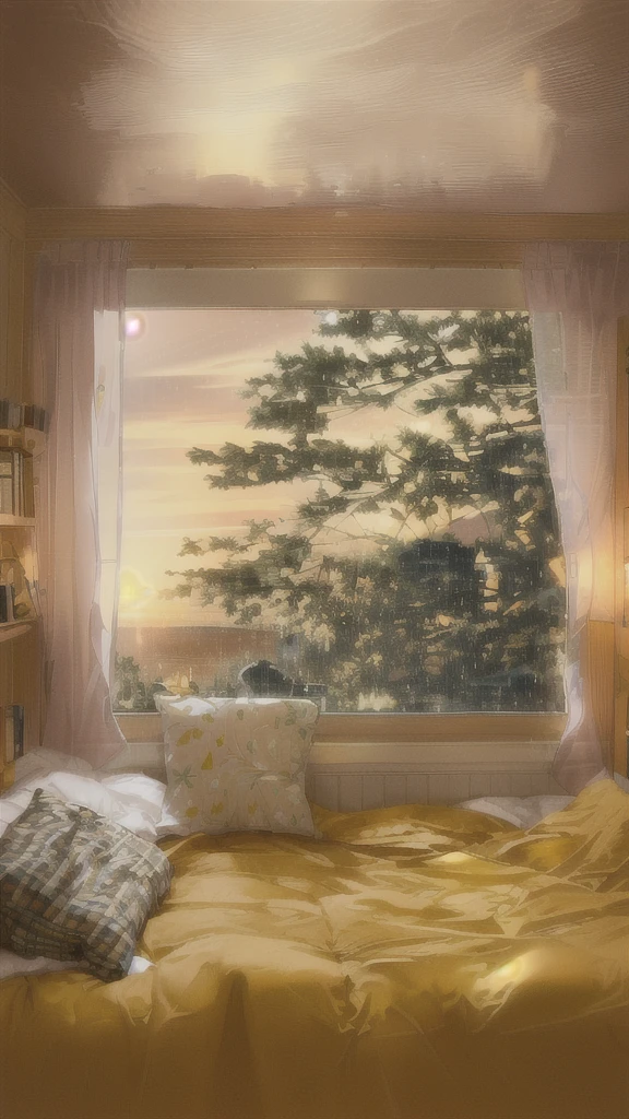 There is a bed with a yellow quilt and a window., Cozy place, Indoors on a rainy day, Cozy rooms, Cozy and quiet atmosphere, Cozy and calm, A soothing and comfortable landscape, reading corner, Cozy environment, Rainy day outside, Rainy Afternoon, Cozy atmosphere, Cozy atmosphere, relax time. Nice view, Relaxing environment, cozy wallpaper, Quiet and peaceful atmosphere