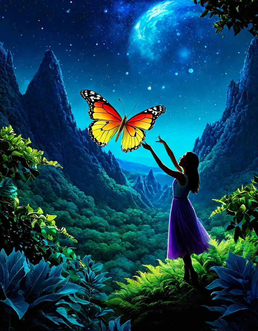 Generate a vivid and intricate illustration resembling the specified image with the prompt "A fantastical scene with a surreal blend of bioluminescent flora and fauna, set against a cosmic backdrop. Envision an otherworldly landscape with a balance of vibrant colors and intricate details. Incorporate a creature resembling a hybrid of a dragon and a butterfly, soaring gracefully amidst ethereal plants. Capture the essence of magic and wonder, with an emphasis on the interplay of light and shadow. Maintain a resolution of 512x696 pixels to ensure clarity and detail. #GAiM550agAAA9CG."