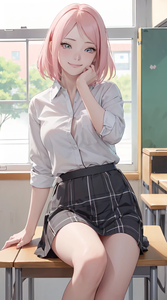 ((table top, highest quality, High resolution, perfect pixel, 4k ))), 1 girl, single, alone, beautiful woman、I could see the whole body、 ((short wavy hair, bangs, whitehair)), ((red eyes, beautiful eyelashes, realistic eyes)), ((detailed face, blush:1.2)), ((smooth texture:0.75, realistic texture:0.65, realistic:1.1, Anime CG style)), medium breasts, dynamic angle, perfect body, ((school uniform, white shirt, black skirt, unbuttoned shirt、plaid skirt、white socks)), classroom without people、sit at desk、..、evening、、、Very embarrassing panic smile、(lift the skirt with your right hand、open your legs、open your knees wide、pussy visible, pussy line, beauty pussy, prefect pussy, cute pussy)、(pink lace bra)、angle from below, masturbation