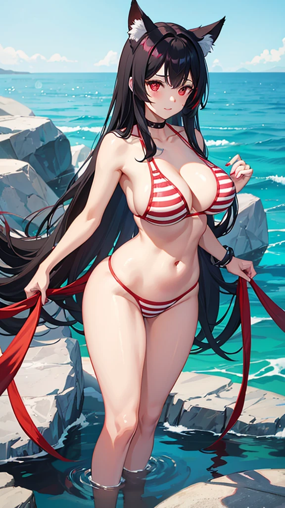 An adult woman, half fox, black hair with red stripes, pink and red eyes, in a bikini, standing, and very sexy