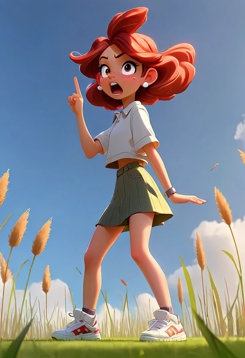 Cartoon girl with big standing on the grass, Tap the air with your right middle finger into the air Side View, Camera shooting side view of people