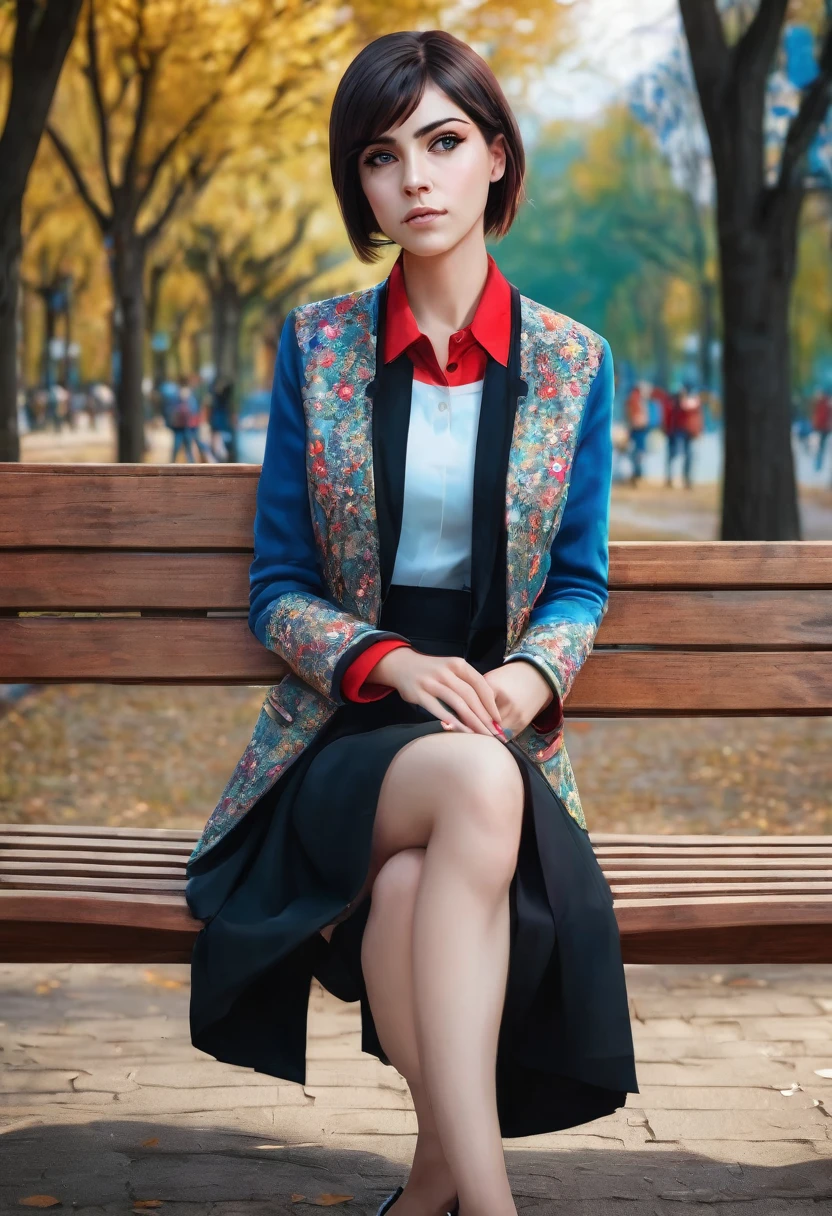 Girl sitting on a wooden bench in the park, portrait , beautiful sitting european woman , cgsociety 9, body art portrait, portrait of a beautiful girl with black eyes, 4K photo, artistic portrait photo, REALISTIC ANIME STYLE, realistic portrait, short haircut, black hair,Blue skirt, Red jacket