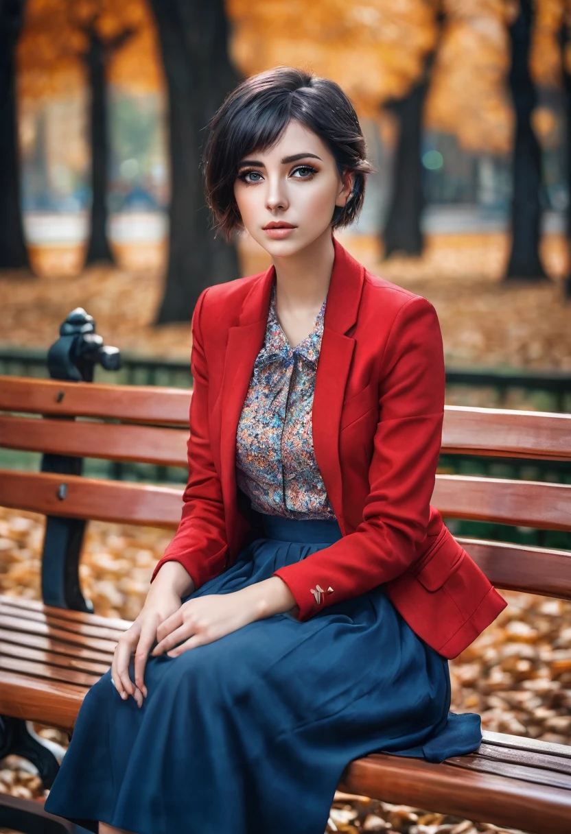 Girl sitting on a wooden bench in the park, portrait , beautiful sitting european woman , cgsociety 9, body art portrait, portrait of a beautiful girl with black eyes, 4K photo, artistic portrait photo, REALISTIC ANIME STYLE, realistic portrait, short haircut, black hair,Blue skirt, Red jacket