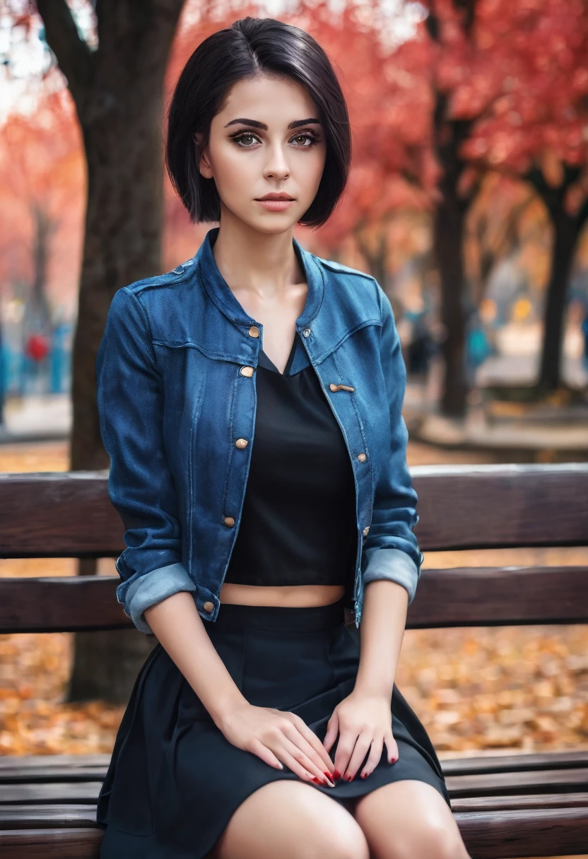 Girl sitting on a wooden bench in the park, portrait , beautiful sitting european woman , cgsociety 9, body art portrait, portrait of a beautiful girl with black eyes, 4K photo, artistic portrait photo, REALISTIC ANIME STYLE, realistic portrait, short haircut, black hair,Blue skirt, Red jacket