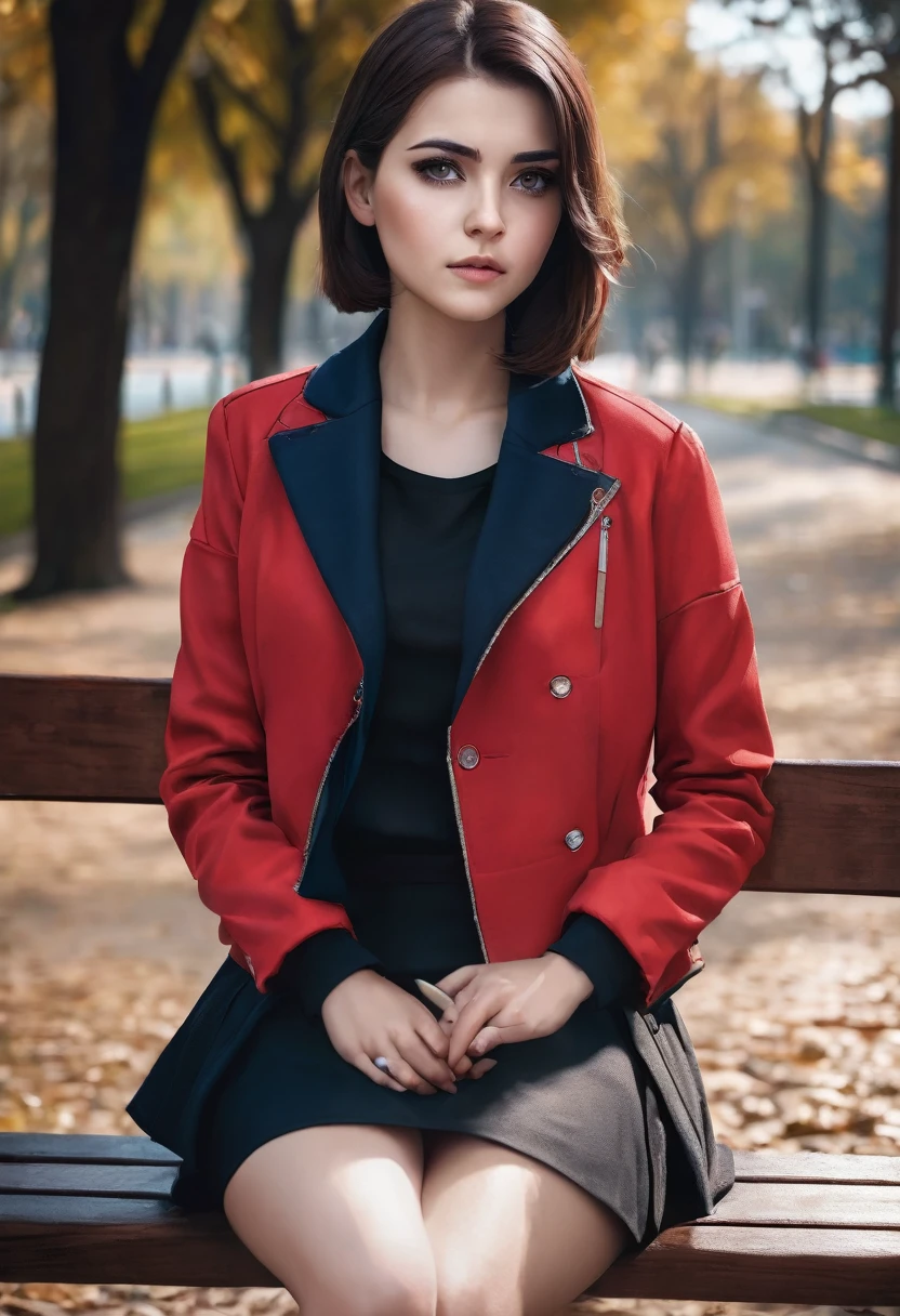 Girl sitting on a wooden bench in the park, portrait , beautiful sitting european woman , cgsociety 9, body art portrait, portrait of a beautiful girl with black eyes, 4K photo, artistic portrait photo, REALISTIC ANIME STYLE, realistic portrait, short haircut, black hair,Blue skirt, Red jacket