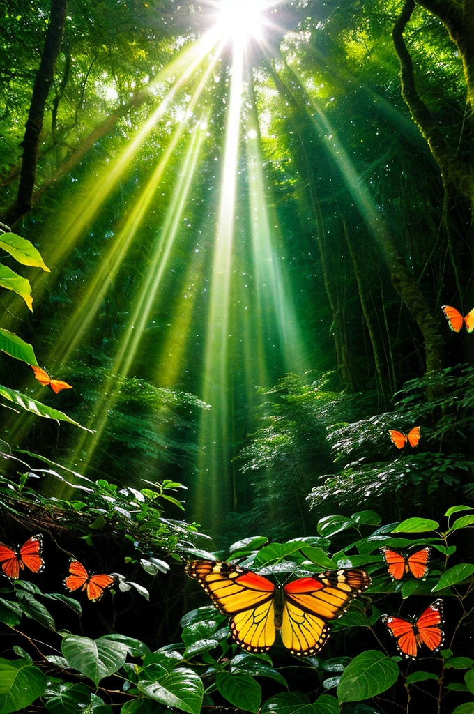 Sunlight shining through trees and leaves in the rainforest, borboleta and sunshine, enchanted forest backround, rays of life, Butterflies fly, butterfly lighting, Glowing borboleta, enchanted forest background, enchanted forest, Magical jungle, very magical and dreamy, lush fairy forest, borboleta, Butterflies float in the air, in a enchanted forest, full of fairy
Mais distante, maior, borboletas colorida 