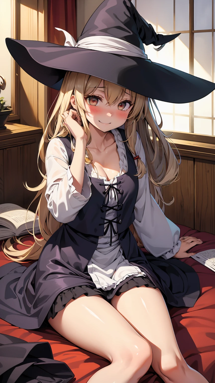 Marisa Kirisame、Messy room、Normal Wizard、Cute woman、Marisa&#39;s Hat、Blonde、Very thick thighs、Grinning、smile、Sloppy body、Best image quality、High resolution、masterpiece、super high quality、Thick pubic hair、Orgasm Facial、Stripes々Panties、Stripes々bra、Very big ass、Very large breasts  、Blushing、4K quality、Blushing、Spread your legs wide、Luxurious chair、Wearing black knee socks、Sweaty all over、Heavy breathing、Shaking breasts、上下にShaking breasts