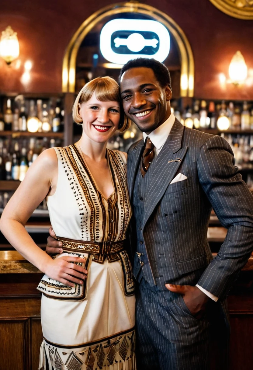 Black man dressed in a 1920s style African designed suit and white German woman dressed in 1920s style European attire, both smiling at the viewer. In a bar full of joyous people. 1920s style of art.