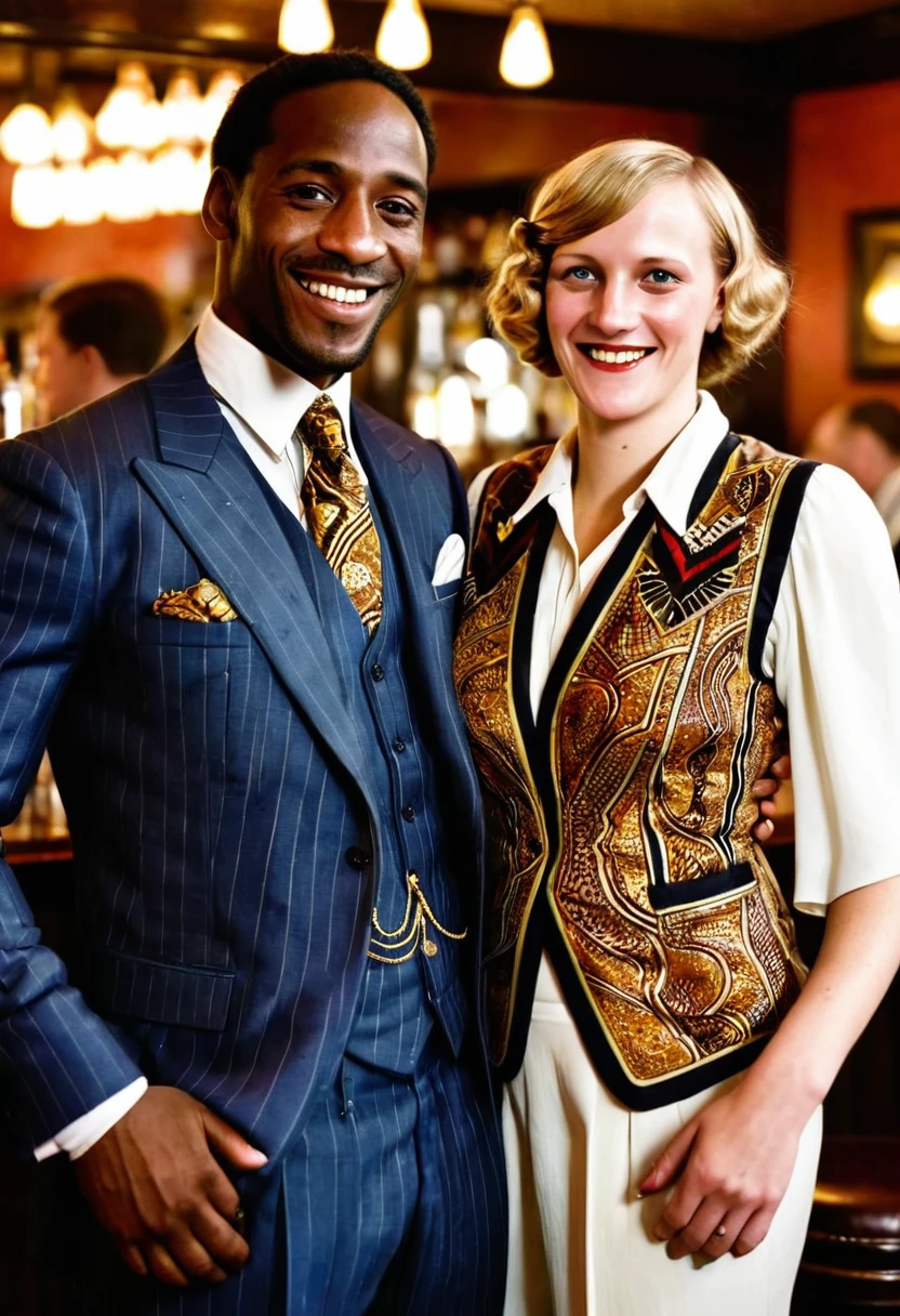 Black man dressed in a 1920s style African designed suit and white German woman dressed in 1920s style European attire, both smiling at the viewer. In a bar full of joyous people. 1920s style of art.
