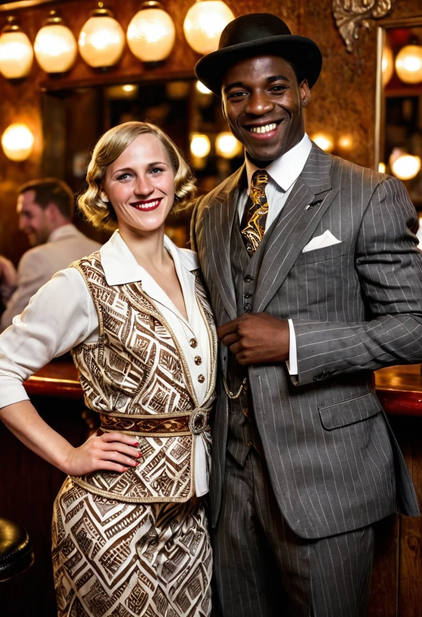 Black man dressed in a 1920s style African designed suit and white German woman dressed in 1920s style European attire, both smiling at the viewer. In a bar full of joyous people. 1920s style of art.