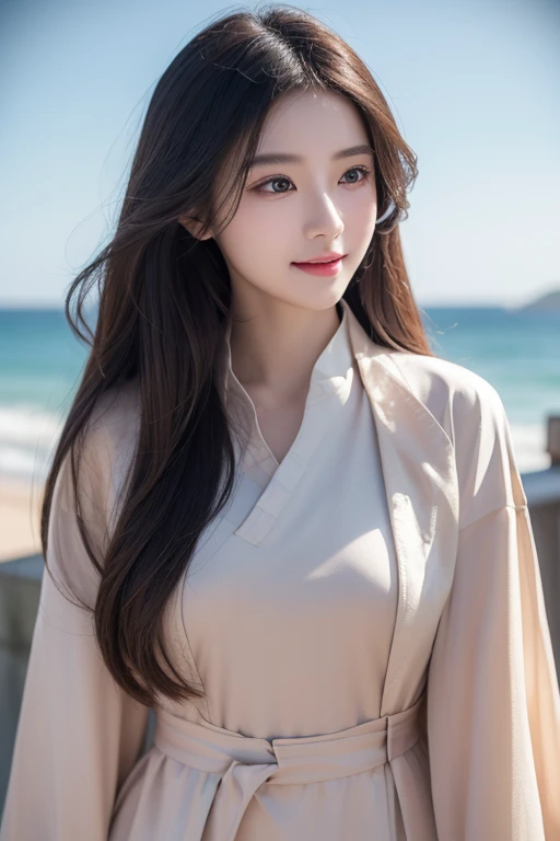 Smile, (Best quality details:1.2),8K HD,Extremely detailed,High quality textures,Intricate details,Detailed texture,Meticulous attention to detail,High Detail,Extremely detailed的 CG,High quality shadows,Delicate and beautiful face,(Delicate, beautiful eyes:1.32),Depth of Field,Ray Tracing,(A 25-year-old beautiful and lovely classical Chinese lady:1),Glowing eyes,blush, Perfect body,dance蹈,dance,旋转dance,Black trench coat suit,Tasteful shirt,Sunlight,Sea sky background,The sea breeze blows,The world is big