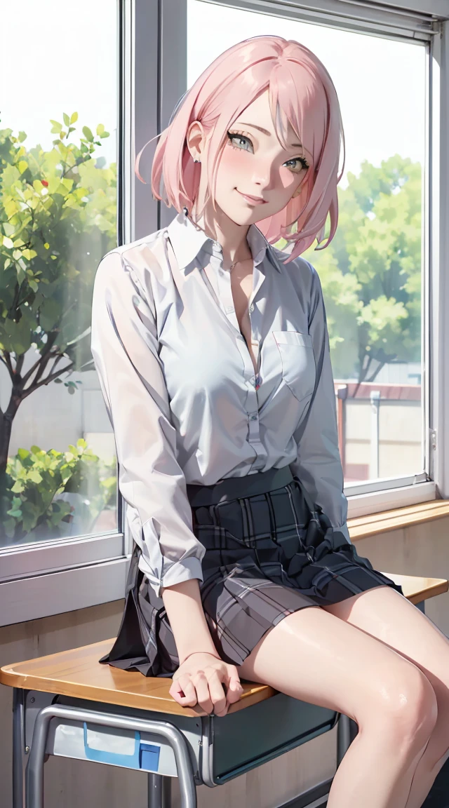 ((table top, highest quality, High resolution, perfect pixel, 4k ))), 1 girl, single, alone, beautiful woman、I could see the whole body、 ((short wavy hair, bangs, whitehair)), ((red eyes, beautiful eyelashes, realistic eyes)), ((detailed face, blush:1.2)), ((smooth texture:0.75, realistic texture:0.65, realistic:1.1, Anime CG style)), medium breasts, dynamic angle, perfect body, ((school uniform, white shirt, black skirt, unbuttoned shirt、plaid skirt、white socks)), classroom without people、sit at desk、..、evening、、、Very embarrassing panic smile、(lift the skirt with your right hand、open your legs、open your knees wide、pussy line, pussy)、(pink lace bra)、angle from below, masturbation