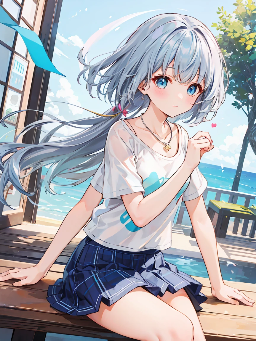 (table top, highest quality:1.2), 1 girl, alone, cute, cute, digital art、Eimei、(length, beautiful, blue hair.flowing in the wind)、T-shirt、mini skirt、Urban hustle and bustle、Arranging a date,daytime, embarrassed look, silver hair(short)、glowing skin、small-faced beauty, heart shaped necklace,low angle lens、perfect composition、Perfect light and shadow delicacy、In 8K