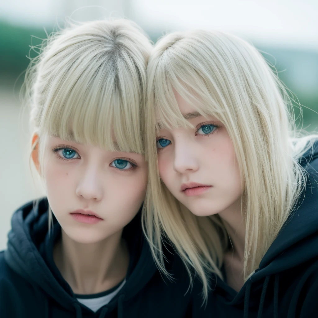 Tall blonde teenage girl with bangs and blue-green eyes taking photo crying near the camera with a sad face and a little messy hair in a black hoodie  