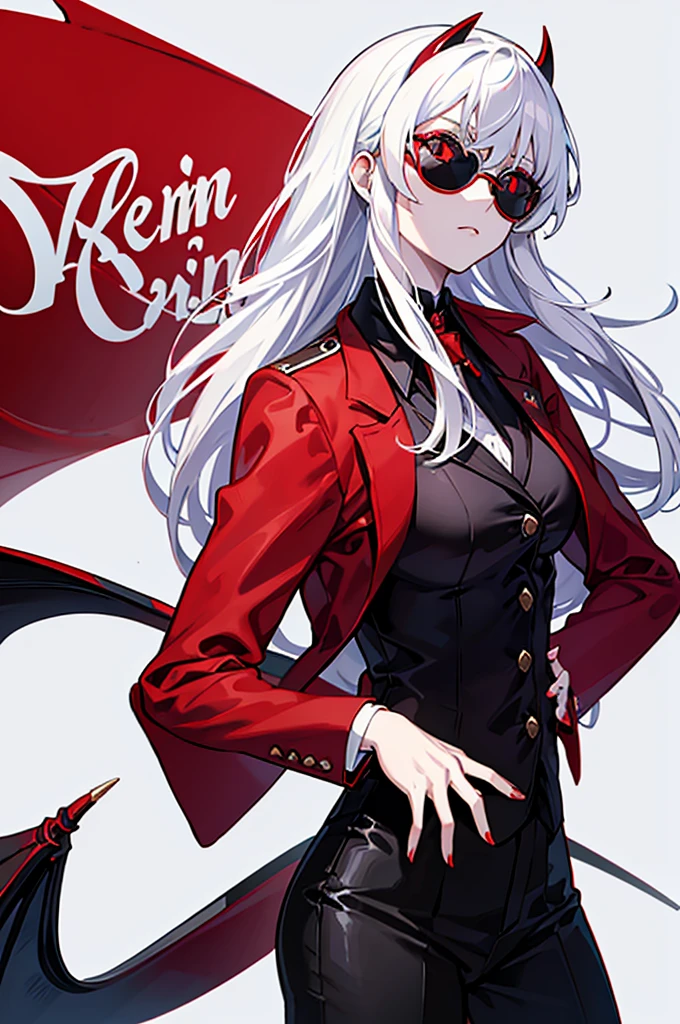 demon girl, with white hair, with sunglasses, in a red and black suit