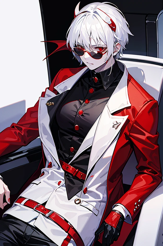 demon girl, with white hair, with sunglasses, in a red and black suit