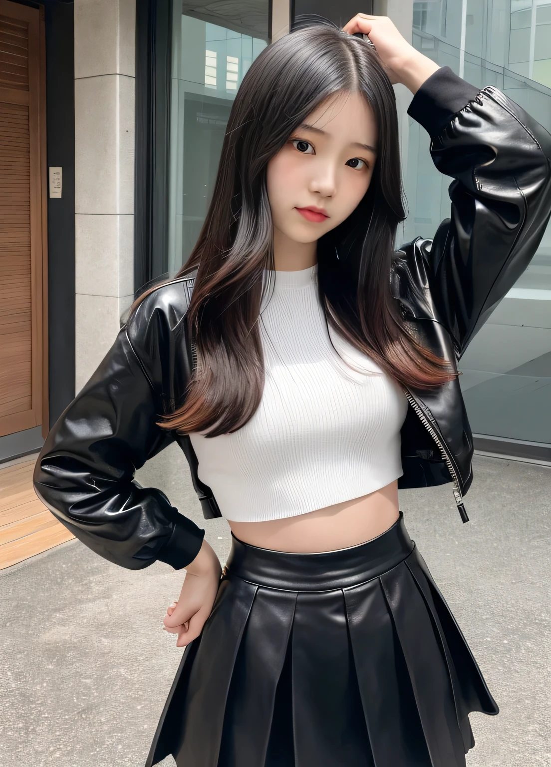 Actual 15-year-old Japanese girl wearing Black leather skirt, High resolution, Soft Light,1 Female, alone, Hips up, (Detailed face), jewelry, Current school classroom,wear(Black leather skirt+Black midriff-revealing outfit+leather jacket),biggest,Low chest, long hair、((Scenery under the skirt))、((mix4))、((external々Farbe付きのパンティー))、((Farbe々Farbeのついた髪))