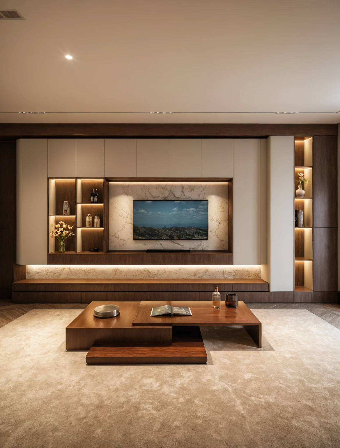 Raw photo,Masterpiece, high quality, best quality, authentic, super detail, interior , sunset, daylight, Modern luxury style living room, TV cabinet, TV, decorative cabinet, books, flower vases, bottles, tea table, tray, wine bottle, open book, carpet, wooden floor, curve, marble cliffs,