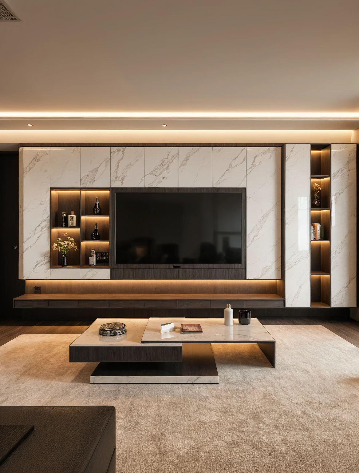 Raw photo,Masterpiece, high quality, best quality, authentic, super detail, interior , sunset, daylight, Modern luxury style living room, TV cabinet, TV, decorative cabinet, books, flower vases, bottles, tea table, tray, wine bottle, open book, carpet, wooden floor, curve, marble cliffs,