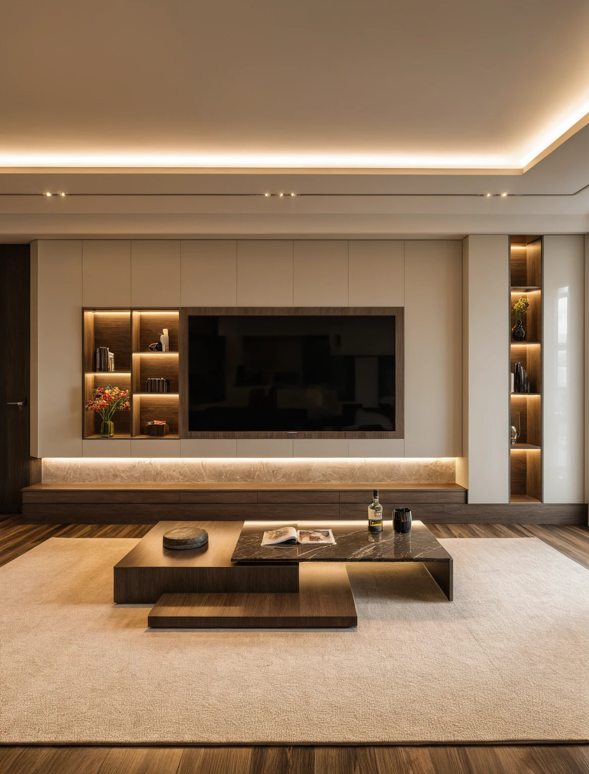 Raw photo,Masterpiece, high quality, best quality, authentic, super detail, interior , sunset, daylight, Modern luxury style living room, TV cabinet, TV, decorative cabinet, books, flower vases, bottles, tea table, tray, wine bottle, open book, carpet, wooden floor, curve, marble cliffs,