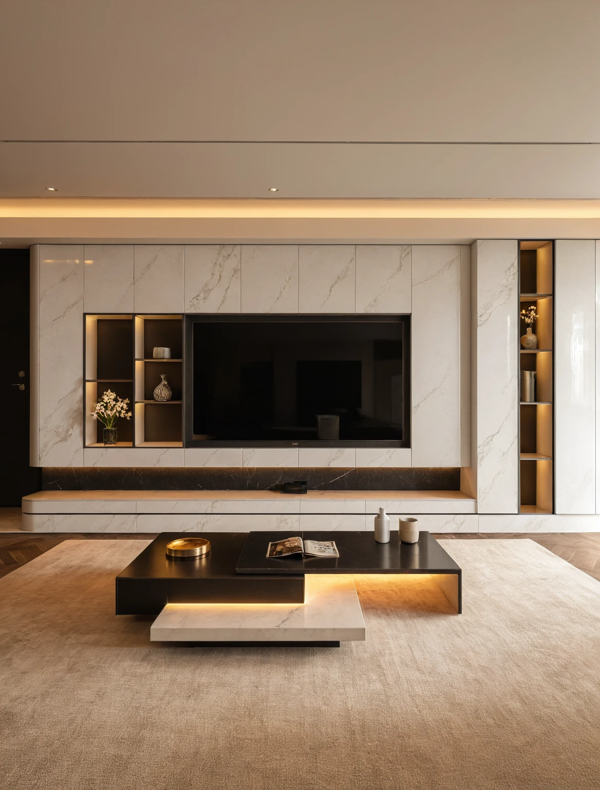 Raw photo,Masterpiece, high quality, best quality, authentic, super detail, interior , sunset, daylight, Modern luxury style living room, TV cabinet, TV, decorative cabinet, books, flower vases, bottles, tea table, tray, wine bottle, open book, carpet, wooden floor, curve, marble cliffs,