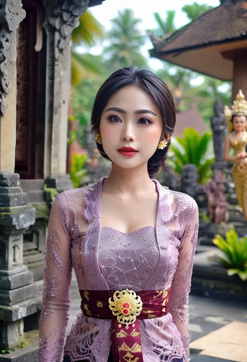 Illustrate a beautiful girl close up dressed in kebaya, set against the backdrop of a Balinese temple. Ensure that the image is photorealistic and of top-quality 8K HDR, capturing every intricate detail of the scene.,kebaya,kebaya indonesia,p3rfect ,cleavage
