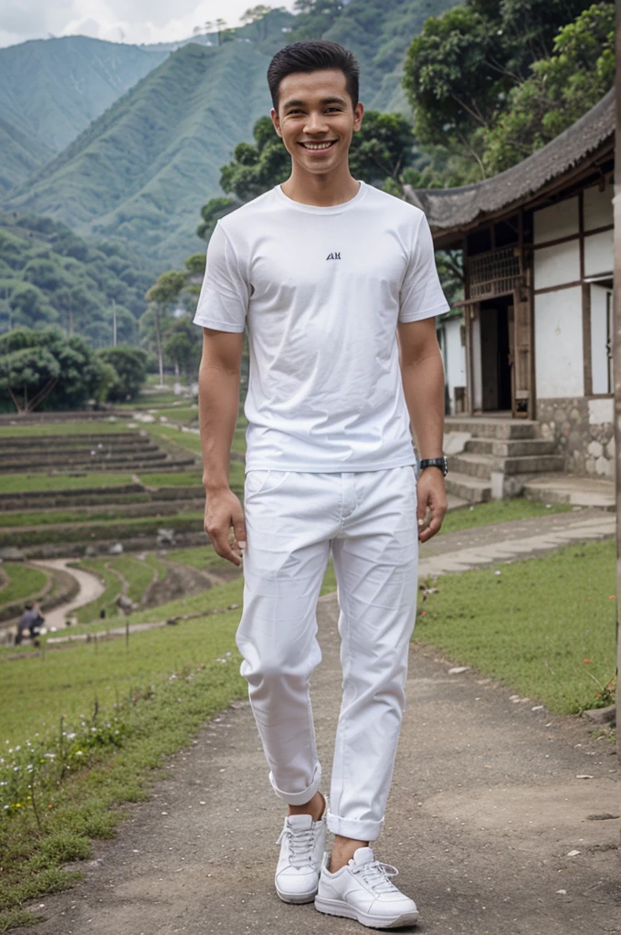Realistis 4d, a man with short hair was standing wearing white clothes, black pants, black shoes, while smiling, with a background of villages and mountains in Indonesia