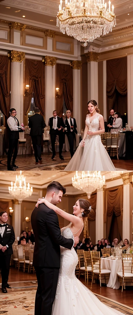 Prompt Title: The Fateful Story of Titanic. Scene 3: The Party
Setting: The grand ballroom inside the Titanic, filled with opulence and luxury.
Characters: Well-dressed passengers in elegant evening gowns and tuxedos, dancing to live music played by a band in the corner. Jack and Rose are at the center, caught in a joyful dance, their faces beaming with happiness.
Background: The ballroom is adorned with glittering chandeliers, ornate decorations, and large mirrors reflecting the festive atmosphere. Tables are set with fine china and crystal glasses.