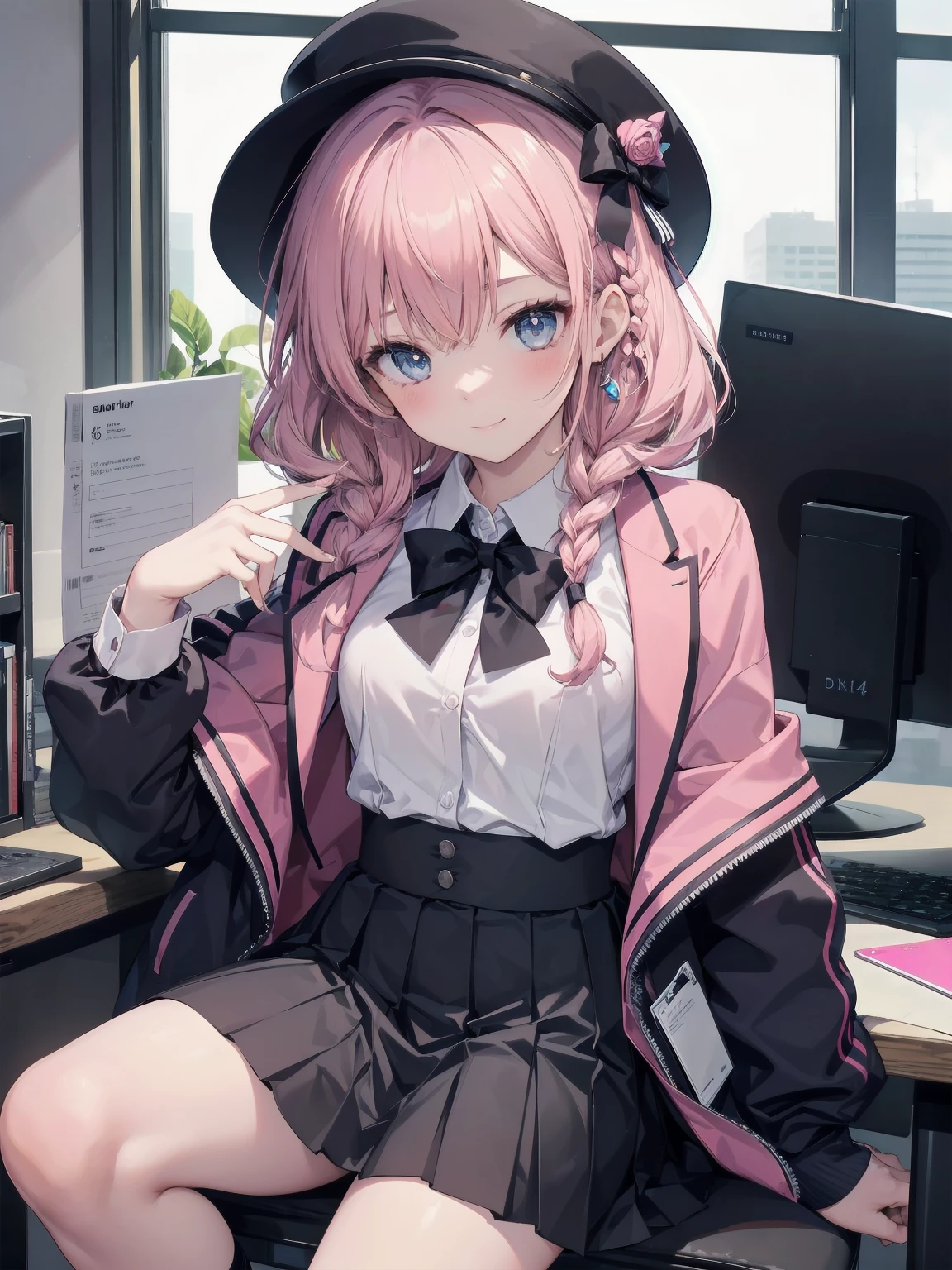Masterpiece of detail, top quality, 1 girl, solo, 25 years old, 140cm, flat, tiny , silky textured hair, medium length, braids, two color mesh, realistic eyes, great looks , neat, up close, closed_mouth, smile, blush, shy, matching hat, hat, pink bow tie, , blue jacket, jacket, skirt, gray pleated skirt, cutter shirt, white shirt, legs, black socks, sitting, office, hair_ornament, looking_at_viewer, beautiful detailed eyes, mesmerizing gesture, seduction, professional effects, inviting, natural princess, receptionist, corporate building

