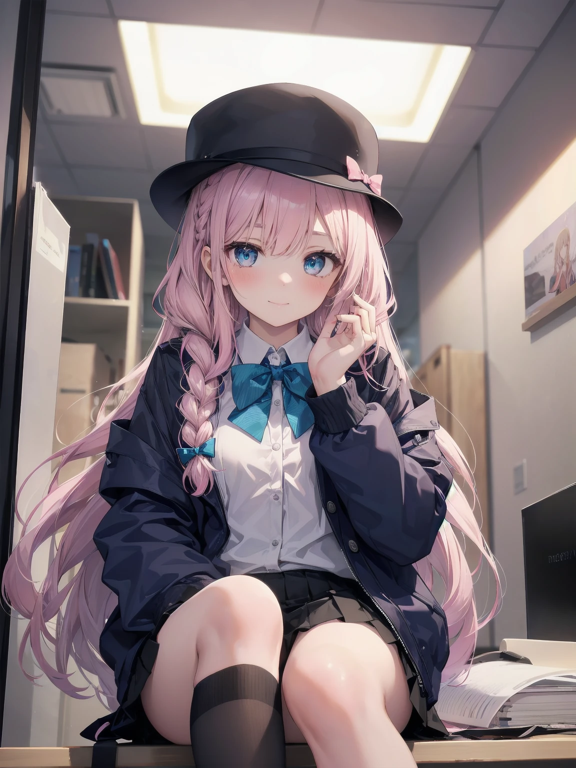 Masterpiece of detail, top quality, 1 girl, solo, 25 years old, 140cm, flat, tiny tits, silky textured hair, medium length, braids, two color mesh, realistic eyes, great looks , neat, up close, closed_mouth, smile, blush, shy, matching hat, hat, pink bow tie, , blue jacket, jacket, skirt, gray pleated skirt, cutter shirt, white shirt, legs, black socks, sitting, office, hair_ornament, looking_at_viewer, beautiful detailed eyes, mesmerizing gesture, seduction, professional effects, inviting, natural princess, receptionist, corporate building