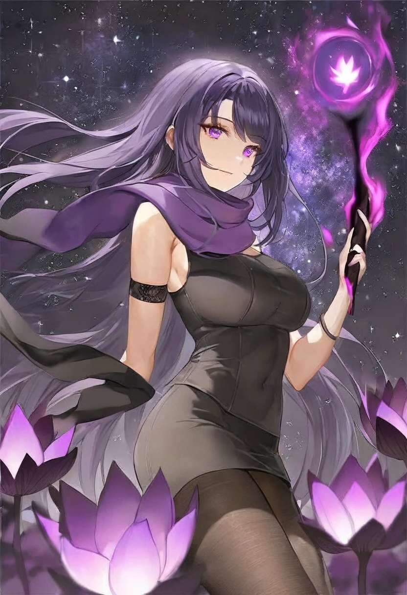 Extra long purple hair，Purple Eyes，The figure is very perfect，The body proportions are also very normal，Adult female aged 23，Wearing black and purple tights，A purple scarf on the wrist，And holding a purple fire lotus in his left hand，The right hand holds a purple-black hole，The background is purple, the universe and the starry sky