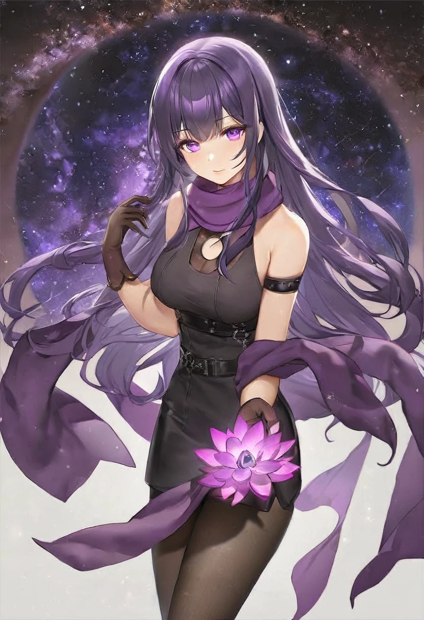 Extra long purple hair，Purple Eyes，The figure is very perfect，The body proportions are also very normal，Adult female aged 23，Wearing black and purple tights，A purple scarf on the wrist，And holding a purple fire lotus in his left hand，The right hand holds a purple-black hole，The background is purple, the universe and the starry sky