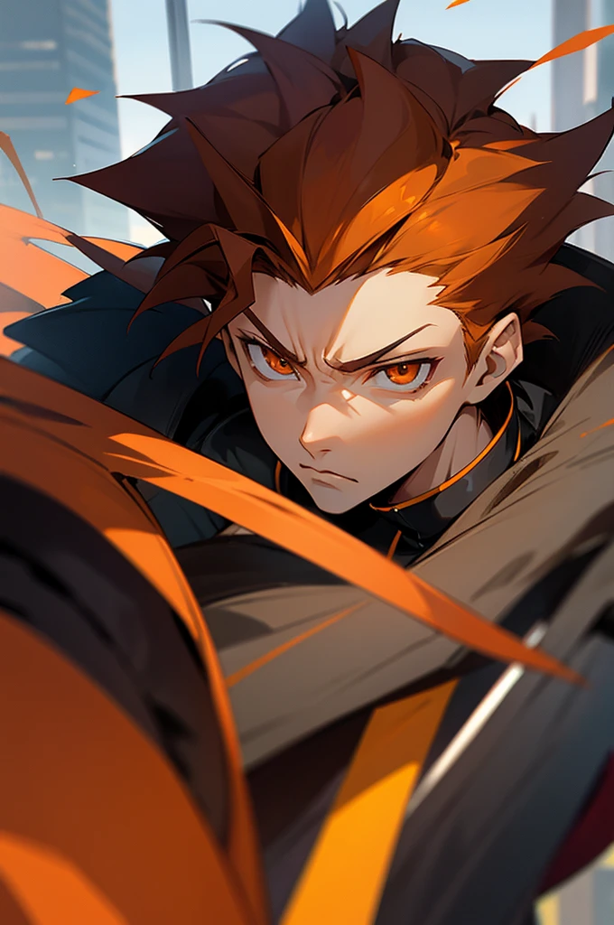 anime, light skin, eyes serious orange, serious, on city, male young adult, spiky hair dark brown,  antagonist