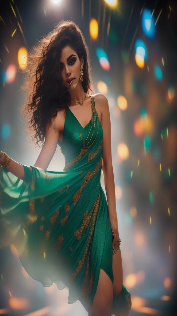 Araffe woman in a green dress dancing in a room with lights, 8K Fashion Photo Shoot, fashion photograhy, Supermodelo india, Fashion model photography, Complete fashion photography, 8K Artgerm Bokeh, modeling photography, Superior bokeh kinematic lighting, cinematic lighting photography, cinematic full shot, 4K fashion shoot, fashion photograhy, por Jakob Gauermann, fondo discoteca