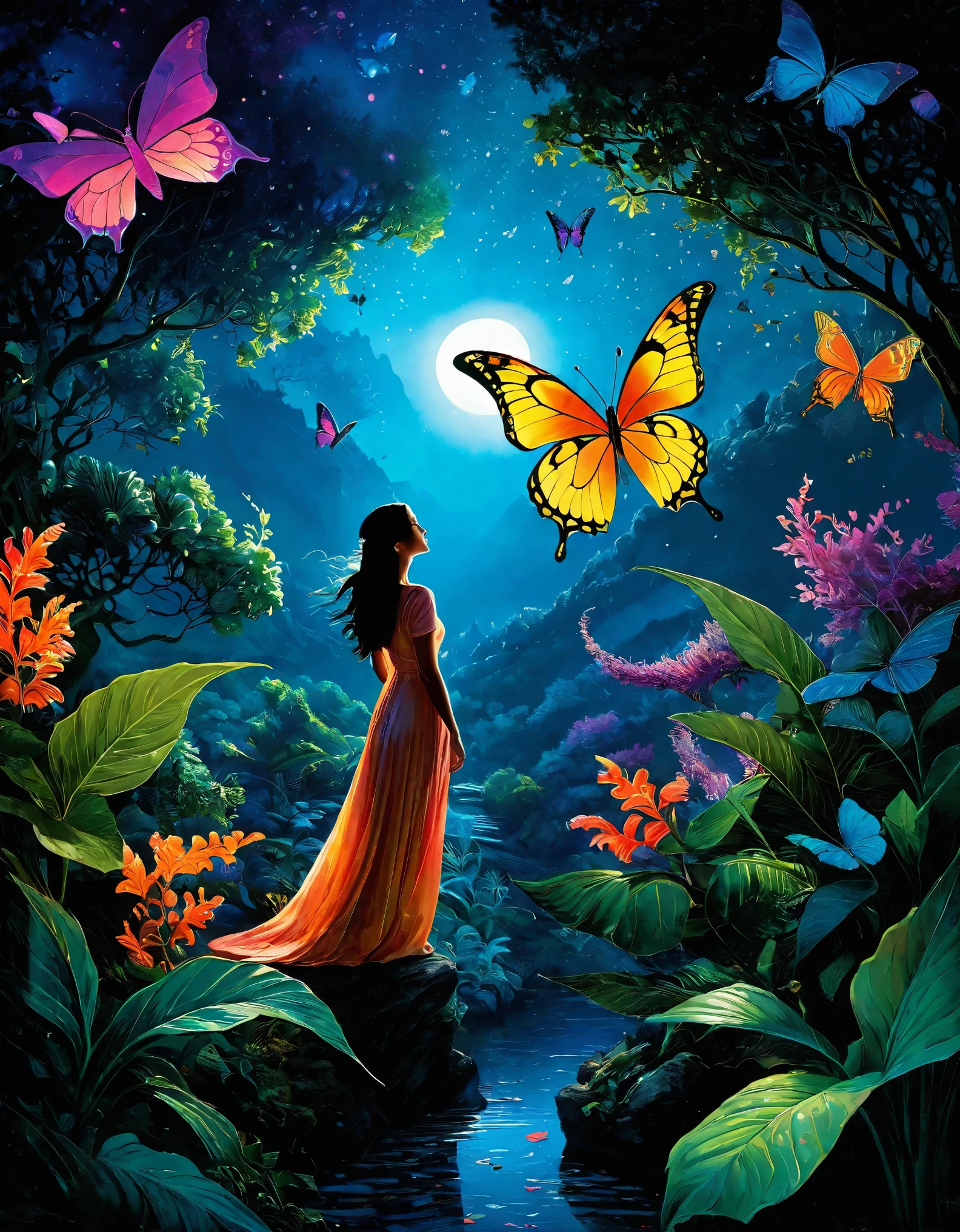 Generate a vivid and intricate illustration resembling the specified image with the prompt "A fantastical scene with a surreal blend of bioluminescent flora and fauna, set against a cosmic backdrop. Envision an otherworldly landscape with a balance of vibrant colors and intricate details. Incorporate a creature resembling a hybrid of a dragon and a butterfly, soaring gracefully amidst ethereal plants. Capture the essence of magic and wonder, with an emphasis on the interplay of light and shadow. Maintain a resolution of 512x696 pixels to ensure clarity and detail. #GAiM550agAAA9CG."