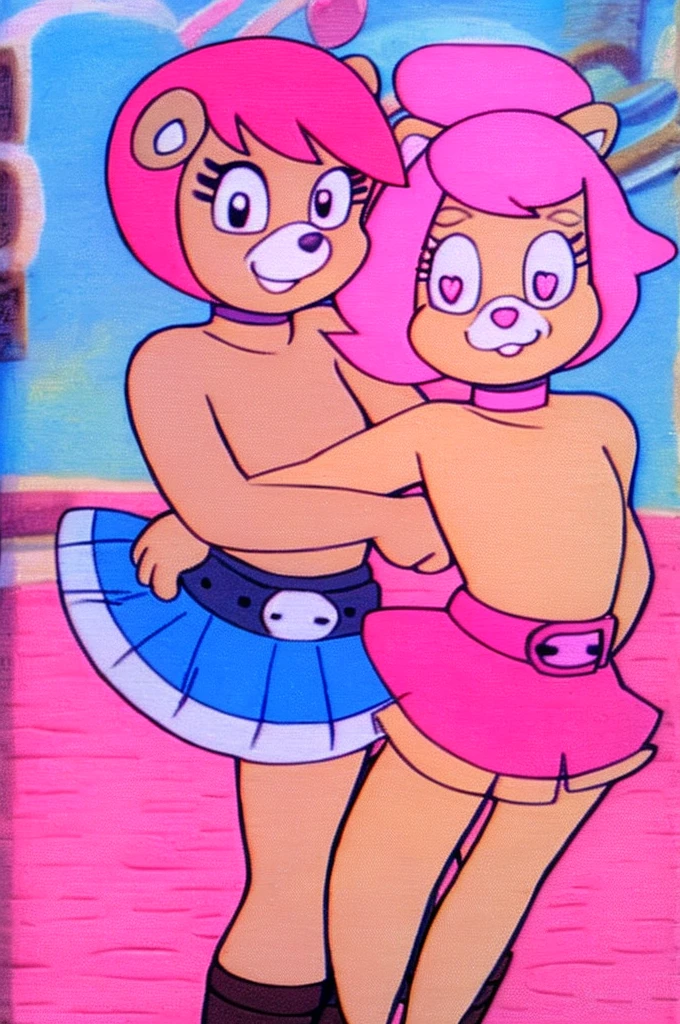 Furry Yellow bunny with white eyes with hot pink pupil and pink collar with a heart, with mat instead of chest without clothes just a skirt cartoonish, Women, Mexican pink volume skirt, BALD, in cute pose and Red redish panda girl with punk Style, dor eyes and short hair, dark blue belt,
2 people