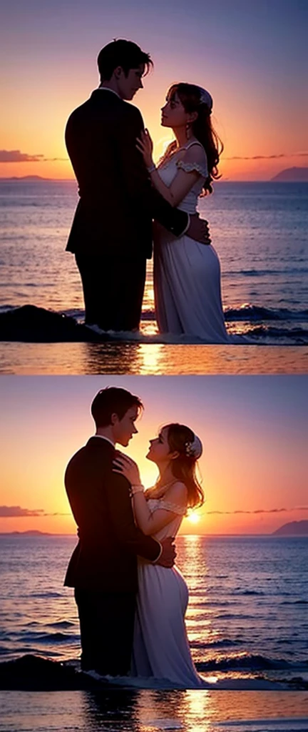 Prompt Title: The Fateful Story of Titanic. Scene 2: Romantic Moment. Setting: The bow of the Titanic at sunset, with the ship cutting through calm waters. Characters: Jack and Rose standing at the very front of the ship, arms outstretched as if flying, with Jack standing behind Rose, holding her gently. Both characters are smiling, their hair and clothes slightly tousled by the wind. Background: The sky ablaze with hues of orange, pink, and purple as the sun sets over the ocean, casting a warm glow over the scene.
