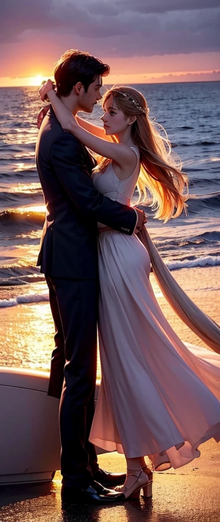 Prompt Title: The Fateful Story of Titanic. Scene 2: Romantic Moment. Setting: The bow of the Titanic at sunset, with the ship cutting through calm waters. Characters: Jack and Rose standing at the very front of the ship, arms outstretched as if flying, with Jack standing behind Rose, holding her gently. Both characters are smiling, their hair and clothes slightly tousled by the wind. Background: The sky ablaze with hues of orange, pink, and purple as the sun sets over the ocean, casting a warm glow over the scene.