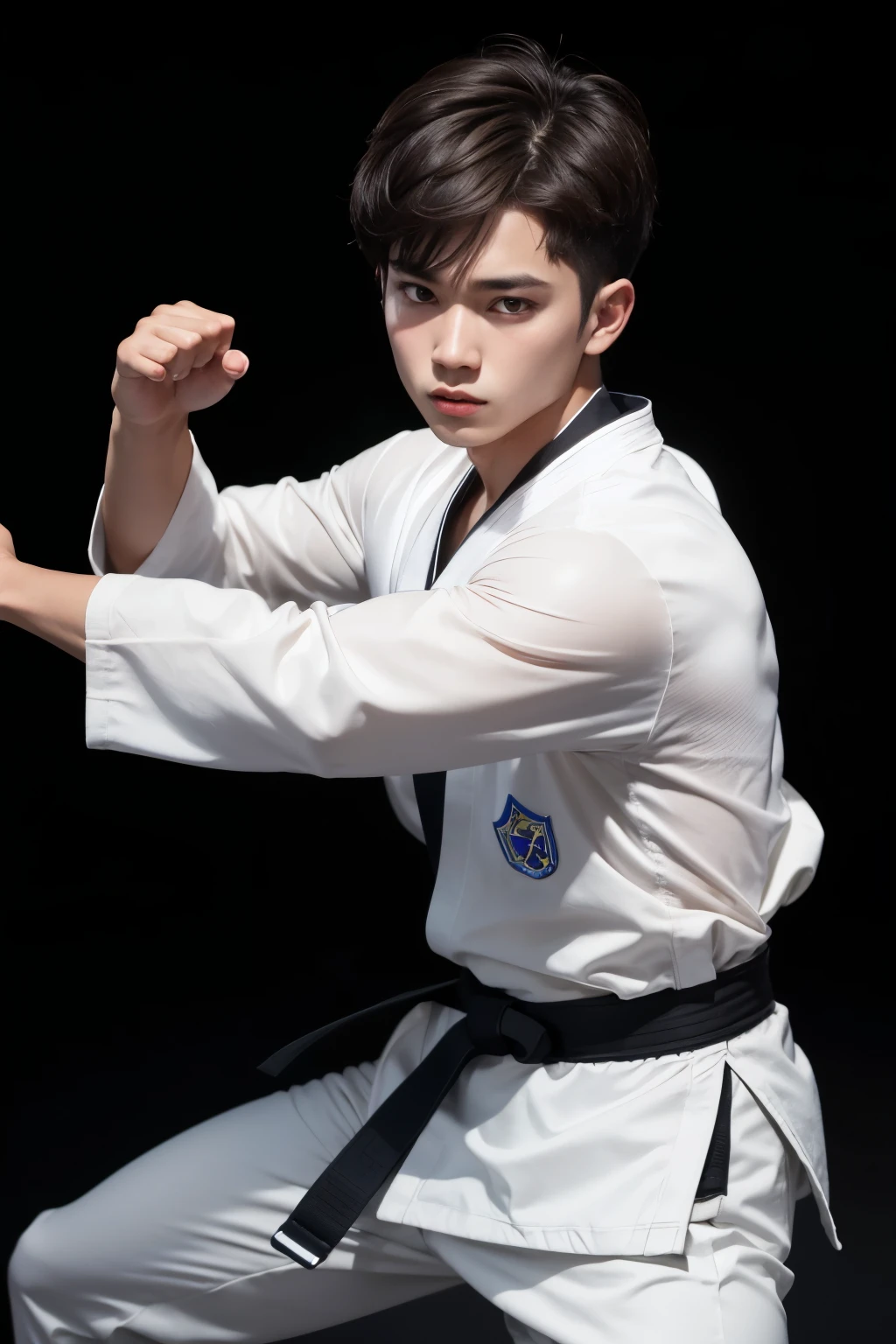 1 boy, normal look, brazil, blush, perfect lighting, short brown hair, eyes browns, engine unreal, side lighting, face drawing, bangss, shining skin, simple background, darkness background, taekwondo, dobok gola preta, black Belt, performs punch.